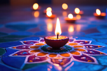 Wall Mural - rangoli design with oil lamp on diwali festival