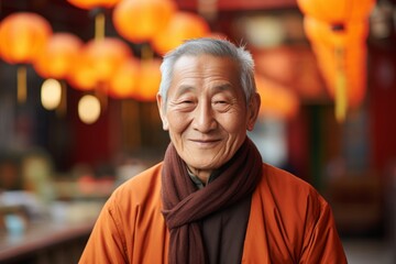 Poster - Portrait of a tender asian elderly 100 years old man wearing a windproof softshell on vibrant yoga studio background