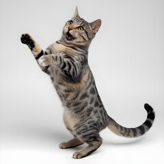 Wall Mural - Playful Tabby Cat Standing on Hind Legs with Tl Curled Up