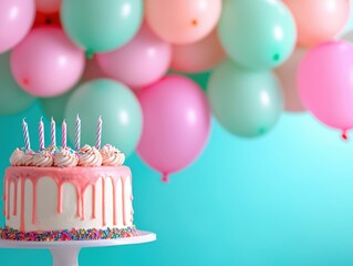 A colorful birthday cake with candles, surrounded by festive balloons, perfect for celebration themes and party decorations.