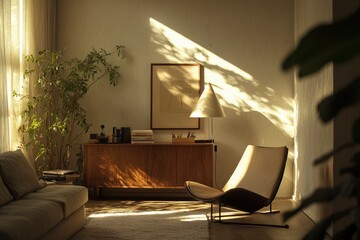 Wall Mural - A Modern Living Room Bathed in Warm Sunlight, Featuring a Comfortable Chair and Wooden Cabinet