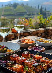 Embark on a unique gastronomic journey at a vineyard, featuring delectable roasted dishes and exquisite white wines, perfect for enthusiasts of food, wine, and vineyards