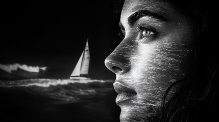 Wall Mural - A woman's face is superimposed with the image of a sailboat on the ocean.