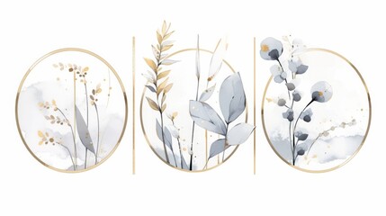 Wall Mural - Modern Abstract Watercolor Art Set with Gold Lines and Botanical Elements - Three Framed Prints for Boho Home Decor