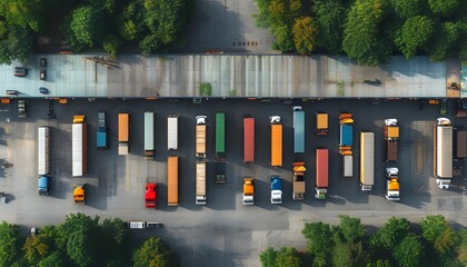 Aerial perspective of trucks organized within a bustling logistics hub