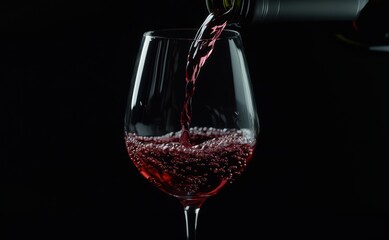 Wall Mural - Red wine bottle pouring into wineglass closeup. Empty black color background