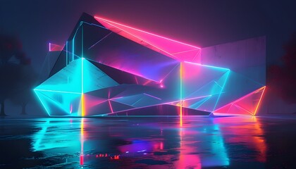 Futuristic Neon Geometric Structures Illuminated in Cyberspace Amidst Abstract Lights and Colors in a Misty Night Atmosphere