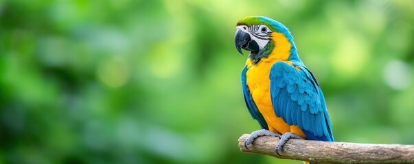 blue and yellow macaw sitting on a branch with blur forest background