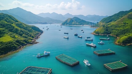 Wall Mural - Aerial view of fishing boats in a serene coastal landscape.