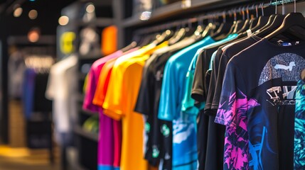 Vibrant Display of Men's Sports T-Shirts in an Athletic Wear Store. AI generated illustration