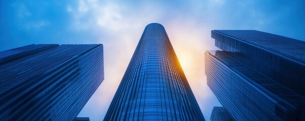 Blue skyscraper from below with bright sunny sky background