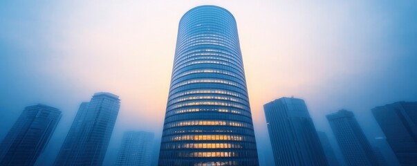 Blue skyscraper from below with bright sunny sky background