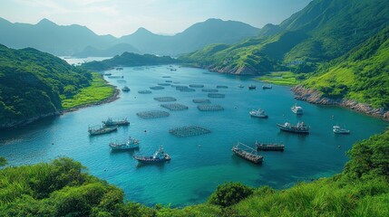 Wall Mural - Scenic harbor with fishing boats and lush green mountains.