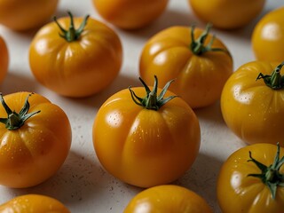 Fresh yellow tomatoes on a white backdrop.