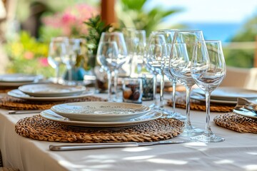 A Table Setting with White Plates, Wicker Coasters, and Wine Glasses