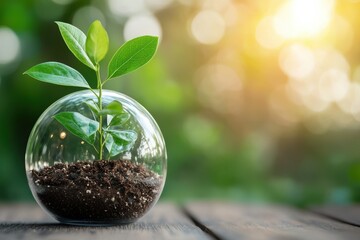 A vibrant plant growing in a glass terrarium, symbolizing growth and harmony with nature in a serene outdoor setting.