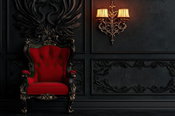 luxury classic black castle with elegant and strong dragon carving scene, elegant classic wall lamp and calssic wooden red chair with royal carving isolated on dark background 