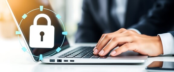 Digital icon of computer security with lock symbol and businessman hands typing on laptop, closeup view.	
