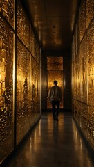 Wall Mural - Golden corridor with a figure walking through illuminated panels.