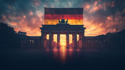 Wall Mural - The silhouette of Brandenburg Gate at sunset, with the German flag gently diffused into the watercolor sky behind. The soft evening light creates a serene atmosphere,