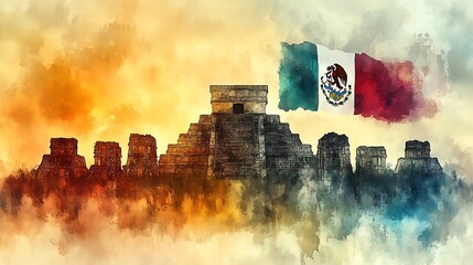 Wall Mural - The silhouette of Chichen Itza painted in vibrant watercolors, with the Mexican flag softly filling the sky behind it. The gentle brushstrokes add texture and depth,