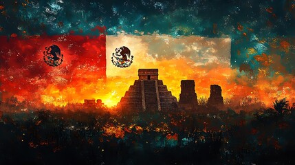 Wall Mural - The silhouette of Chichen Itza glowing under the twilight sky, with the Mexican flag gently painted in the background.