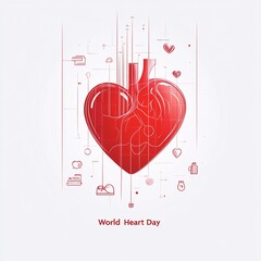 a minimalist poster for World Heart Day featuring a simple outline of a heart with a heartbeat line running through it, using bold red and white contrasts