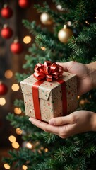 Hand holding a wrapped gift against a Christmas tree background.