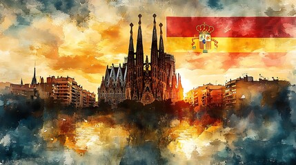 Wall Mural - The silhouette of La Sagrada Familia bathed in golden sunset light, with the Spanish flag softly painted in the watercolor sky. The delicate brushstrokes and rich colors evoke the warmth of Barcelona,