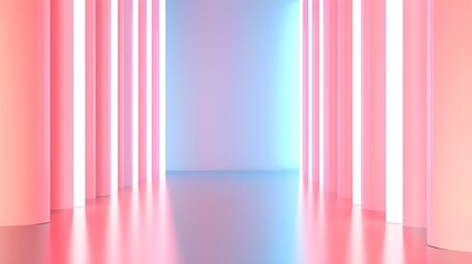 Abstract corridor with bright neon lighting, pink and blue hues reflecting off sleek surfaces, futuristic and digital atmosphere