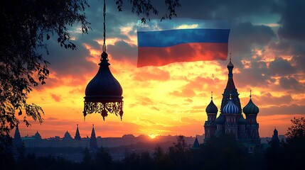 Wall Mural - The silhouette of Saint Basil's Cathedral at sunset, with the Russian flag gently diffused into the watercolor sky behind.