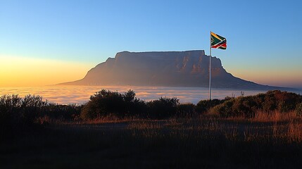 Wall Mural - The silhouette of Table Mountain at dawn, with the South African flag softly painted in the background. The golden light of sunrise highlights the mountain’s flat top,