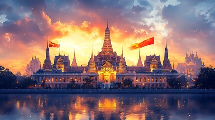 Wall Mural - The silhouette of the Grand Palace against a soft watercolor sky where the Thai flag’s colors gently blend in the background. The warm glow of a sunset reflects on the palace’s intricate details,