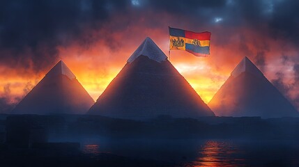 Wall Mural - The silhouette of the Pyramids of Giza at dusk, with the Egyptian flag’s bold colors painted into the watercolor sky. The warm hues of the flag blend with the cool tones of the twilight sky,