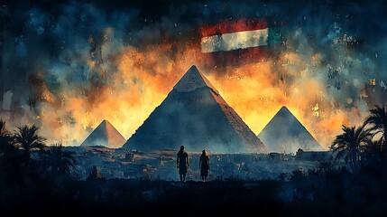 Wall Mural - The silhouette of the Pyramids of Giza at dusk, with the Egyptian flag’s bold colors painted into the watercolor sky. The warm hues of the flag blend with the cool tones of the twilight sky,