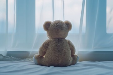 ai generative small teddy bear sitting facing the window