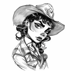 black and white sketch portrait of a bad cowgilr