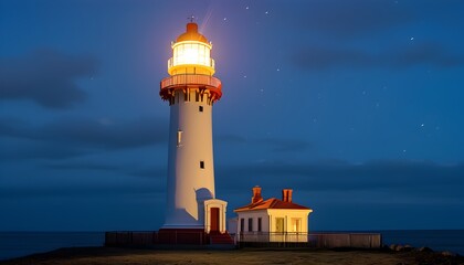 Illuminated lighthouse guiding ships through the dark night sky