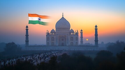 Wall Mural - The Taj Mahal’s silhouette bathed in the soft morning light, with the Indian flag gently painted in the watercolor sky behind. The saffron, white,