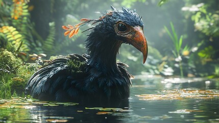 Poster - Mystical Bird in a Lush Forest Pond