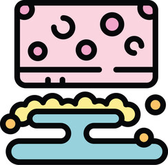 Poster - Pink soap bar foaming over a blue water puddle