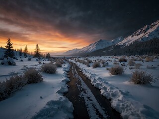 Light streak curves through a snowy landscape, creating a magical, glowing scene.