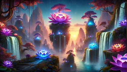 Wall Mural - A fantasy landscape featuring towering, floating islands covered in lush, colorful foliage