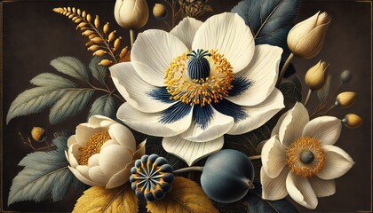 Wall Mural - An elegant botanical illustration featuring a large, white flower with golden-yellow and dark blue accents