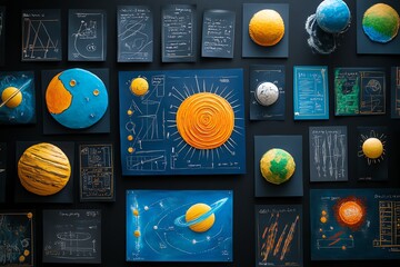 Poster - A classroom full of educational posters and charts, showing the solar system, mathematical formulas, and historical events