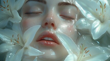 Wall Mural - dreamy portrait of a woman surrounded by white lilies