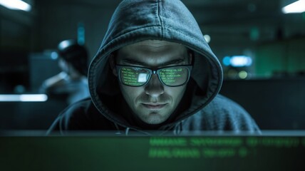 a hacker works in a dark room, illuminated by green code reflecting on their glasses, symbolizing th