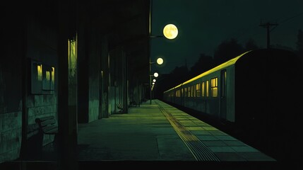 Aufkleber - A night scene of a train illuminated by platform lights at a quiet station, with shadows cast by the train and the moonlight adding to the ambiance.