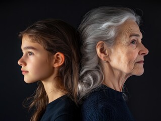 A side-profile portrait of two women, one younger and one older, both with thoughtful expressions, their age differences subtly visible