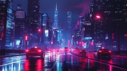 Poster - A nighttime cityscape featuring illuminated traffic lights against the backdrop of skyscrapers, creating a vibrant and lively urban scene.